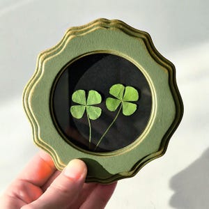 May include: A framed botanical art piece featuring two four-leaf clovers. The clovers are set against a black background within a round, scalloped-edge frame. The frame is a muted green with gold trim, creating a vintage aesthetic.