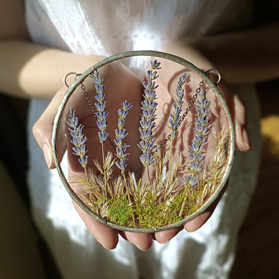 Real Lavender in Stained Glass Frame, Suncatcher, Pressed Flower Art ...
