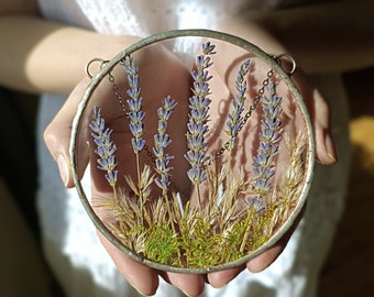 Stained Glass Lavender Suncatcher: Pressed Flower Art, Handmade