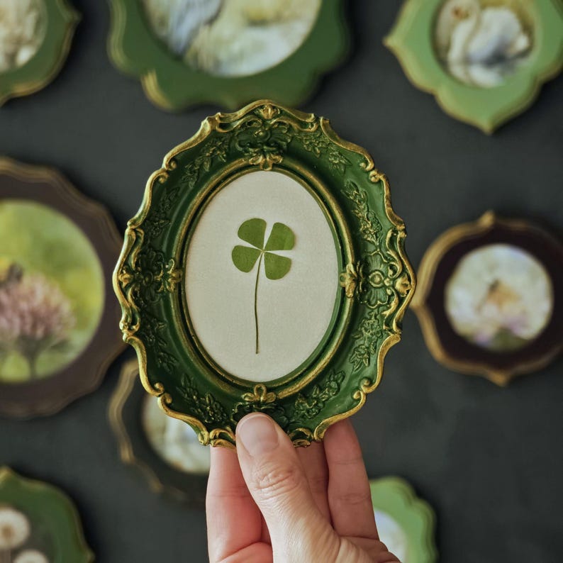 May include: An oval-shaped picture frame with a dark green finish and gold-toned decorative edges. The frame contains a light-colored background featuring a single pressed four-leaf clover centered within the glass display area.