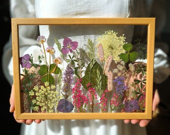 Large Pressed Flower Frame: Real Dried Botanical Art, Wooden Wall Decor