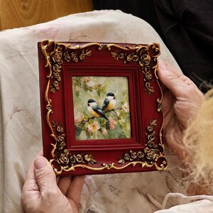 Bird Wall Art in Vintage Ornate Frame, Chickadee Canvas Print, Nature Birds Painting RED