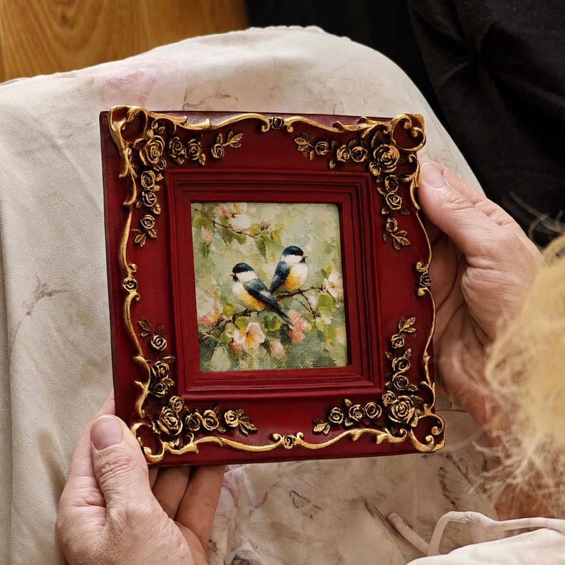 Bird Wall Art in Vintage Ornate Frame, Chickadee Canvas Print, Nature Birds Painting RED
