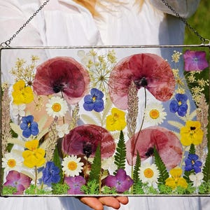 Large Pressed Flower Frame, Hanging Glass decor, Wall decor, Botanical Art, Pressed flower art, Real dried flowers, Herbarium