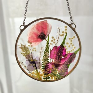 Suncatcher, pressed flower art, stained glass frame, pressed flower frame, pressed plant frame, flower hanging, hanging glass decor