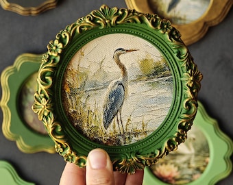 Blue Heron Canvas Print in Vintage Round Frame - frame color choice