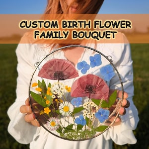 Birth month flowers in stained glass frame, pressed flower art