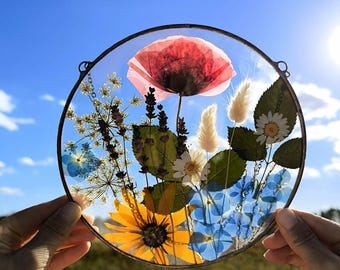 Large stained glass frame with pressed flowers, handmade hanging terrarium