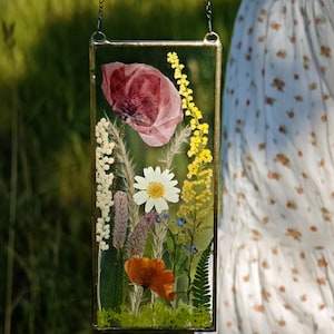 Suncatcher, botanical dried pressed flower frame, hanging wall art, pressed flower art, pressed flower frame