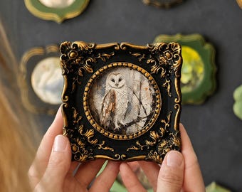 Owl Wall Art in Vintage Ornate Round Frame, Barn Owl Canvas Print, Woodland Decor
