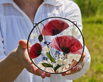 Poppy Suncatcher: Stained Glass Pressed Flower Frame - Botanical Wall Art