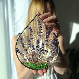 Real Lavender Pressed Flower Art: Stained Glass Frame Wall Decor