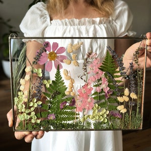 Large Pressed Flower Frame, Hanging Glass decor, Wall decor, Botanical Art, Pressed flower art, Real dried flowers, Herbarium