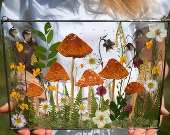 Könnte beinhalten: Ein gerahmtes gepresstes Blumenkunstwerk mit einer Sammlung von orangefarbenen Pilzen und verschiedenen getrockneten Blumen und Blättern. Die Pilze sind in einer Gruppe angeordnet, wobei sich einige überlappen. Die Blumen sind eine Mischung aus Weiß, Gelb und Rosa, und die Blätter sind grün und braun.