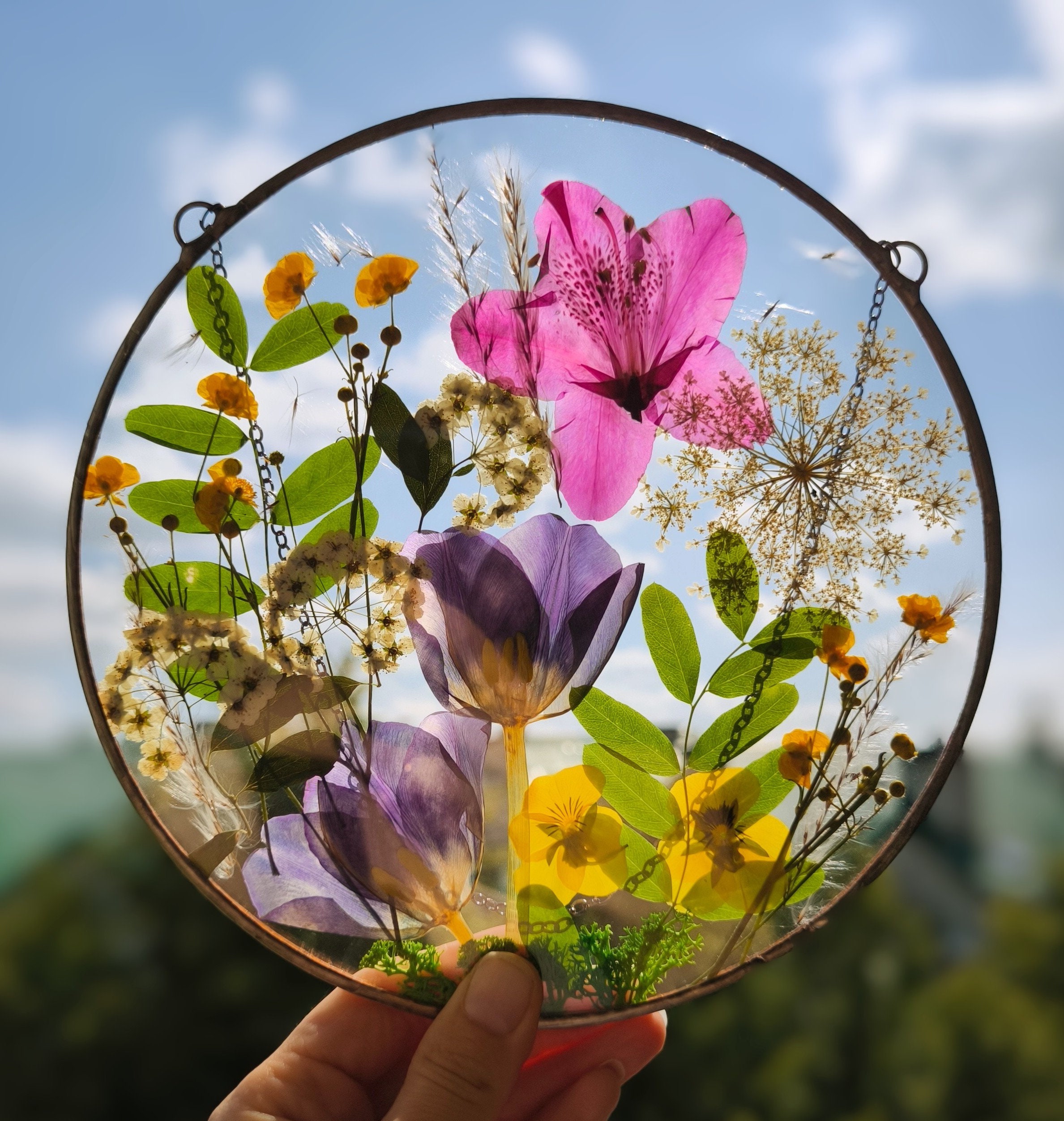 Nature-inspired Stained Glass Panel With Dried Wildflower Bouquet
