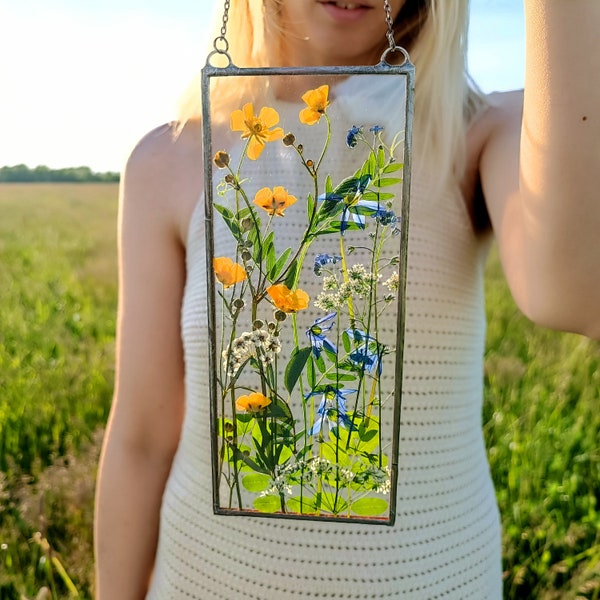 Pressed flower art in stained glass frame, botanical wall art, suncatcher