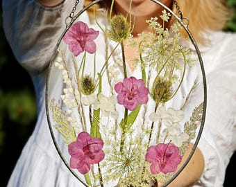 Pressed Wildflower Art in Stained Glass Frame: Original Botanical Gift