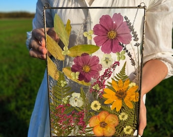 Large stained glass frame with pressed flowers, handmade hanging terrarium