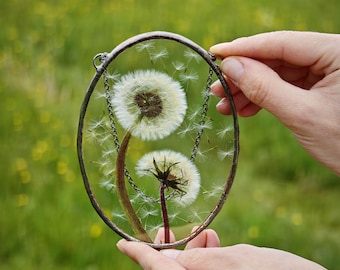 Real Pressed Dandelions Preserved in a Handmade Stained Glass Frame, Botanical Wall Hanging