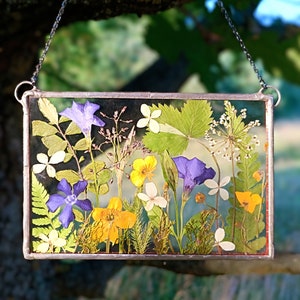 Wildflower bouquet in stained glass frame, handmade wall decor gift