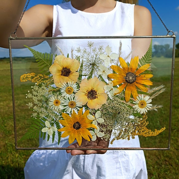 Large Pressed Flower Frame, Hanging Glass decor, Wall decor, Botanical Art, Pressed flower art, Real dried flowers, Herbarium