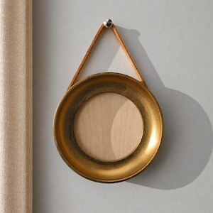 May include: A circular, gold-toned picture frame with a light wood backing, suspended by a tan leather strap. The frame is hanging on a light grey wall, creating a simple, elegant display.