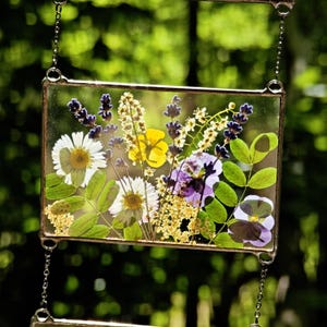 May include: A rectangular glass frame with pressed flowers, including white daisies, yellow buttercups, and purple pansies. The frame is suspended by a silver chain, showcasing a natural, botanical theme. The background is a blurred green.