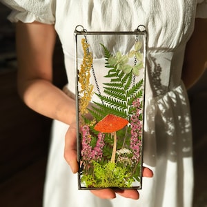 Stained Glass Botanical Frame: Pressed Wildflower & Mushroom Wall Art