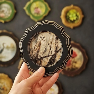May include: A round, black framed artwork featuring a detailed painting of a white owl perched on a tree branch. The frame has a scalloped edge with gold trim. Other framed artworks with floral and bird imagery are in the background.