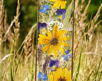 Sunflower suncatcher with pressed flowers in stained glass frame
