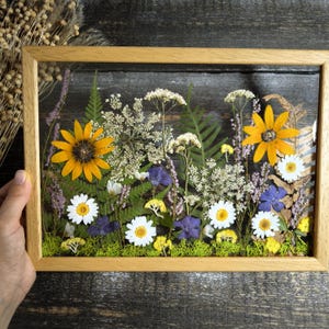 Large pressed flower frame with pressed wildflowers, botanical birthday gift