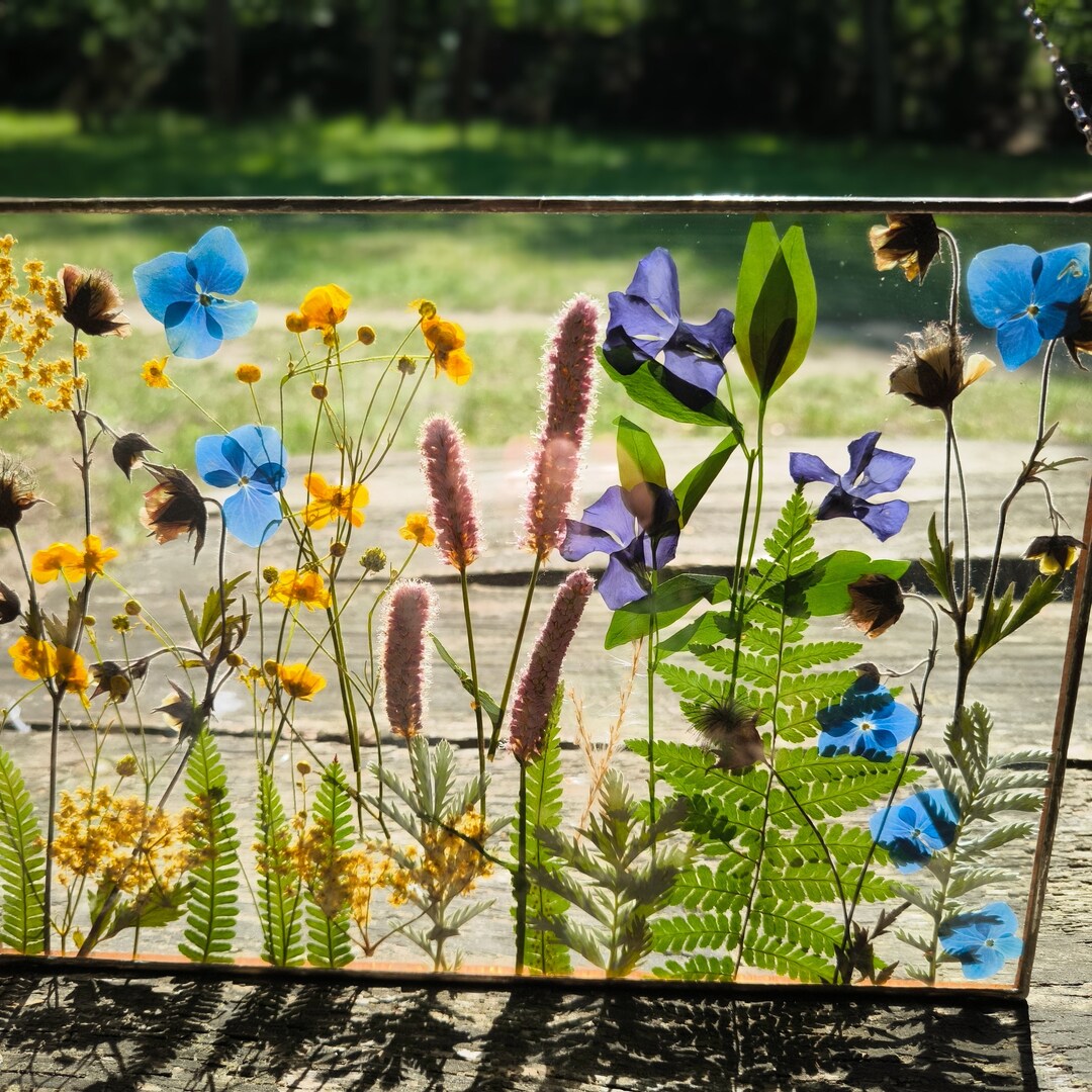 Pressed Flower Art in Stained Glass Frame, Large Pressed Flower Frame