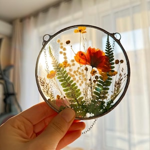 Stained glass frame, suncatcher, botanical dried pressed flower frame, hanging wall art, pressed flower art, pressed flower frame
