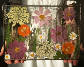 Pressed flower art large frame, real wildflower art frame, hanging glass décor, stained glass frame, flower art décor, flowers herbarium