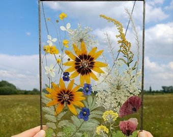 Pressed flower art: real flowers in large stained glass frame, suncatcher