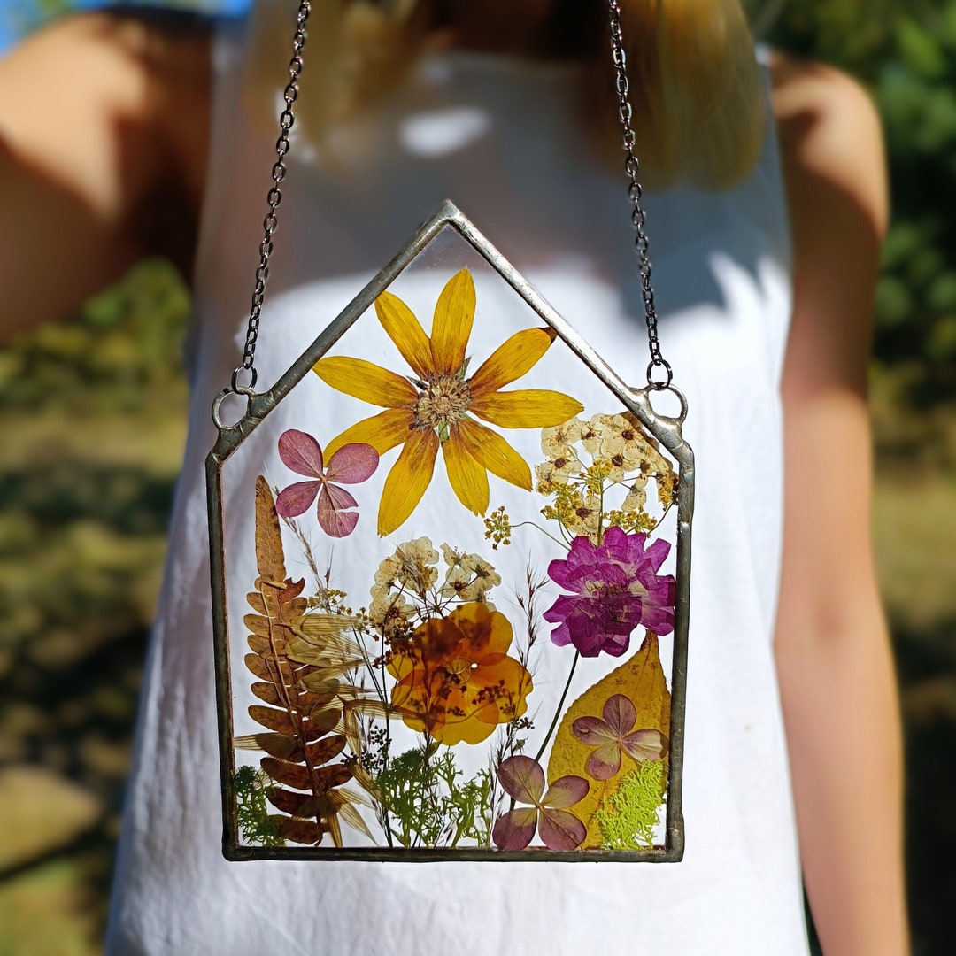 Pressed Flower Suncatcher, Hanging Glass Décor, Stained Glass Frame
