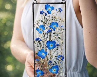 Stained glass pressed Forget-Me-Not flower suncatcher