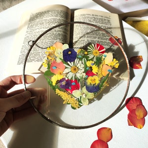 Сollage of dried pressed flowers in a stained glass frame, Wall decor, Botanical Art, Pressed flower art, birthday gift, mothers day gift