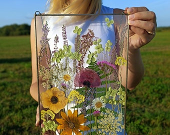 Pressed flower art large frame, real wildflower art frame, hanging glass décor, stained glass frame, flower art décor, flowers herbarium