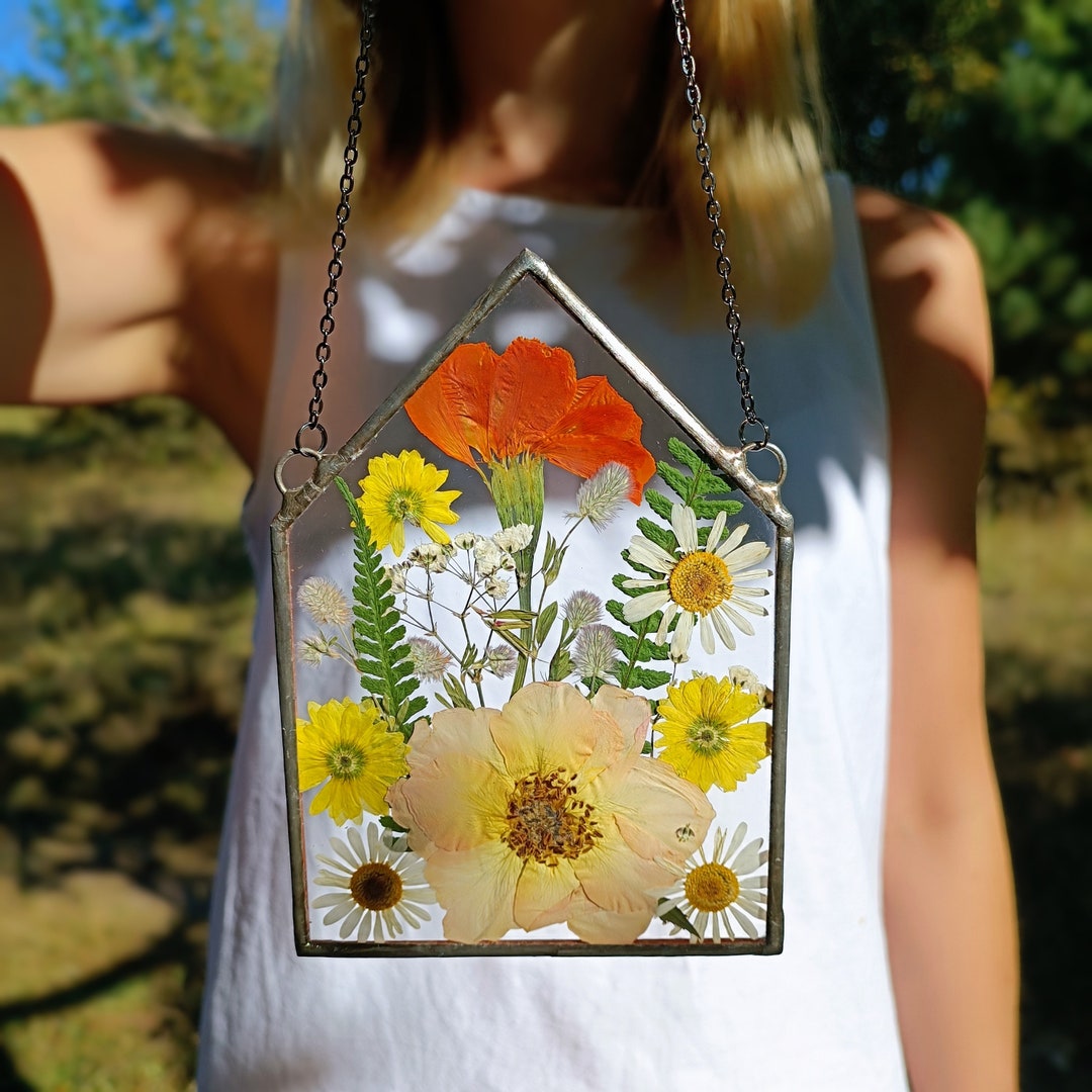 Pressed Flower Art Frame, Real Flower Frame, Hanging Glass Décor