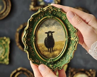 Miniature Black Sheep Framed Art, Pastoral Cottage Wall Decor, Sheep Lover Gift