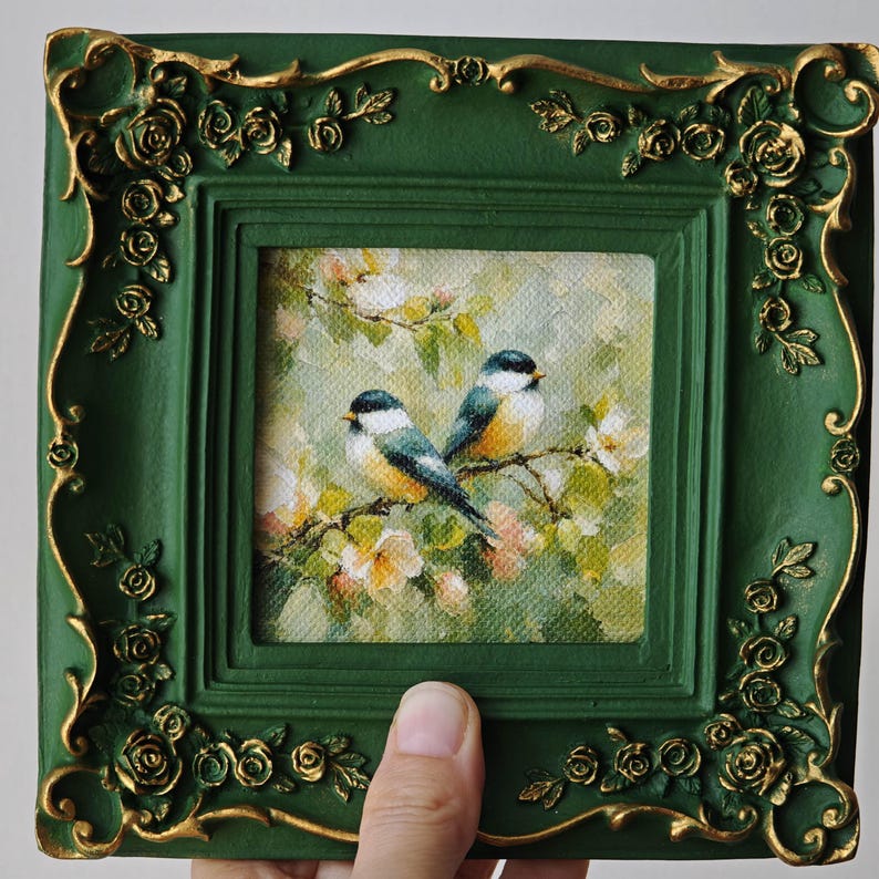 Bird Wall Art in Vintage Ornate Frame, Chickadee Canvas Print, Nature Birds Painting image 13