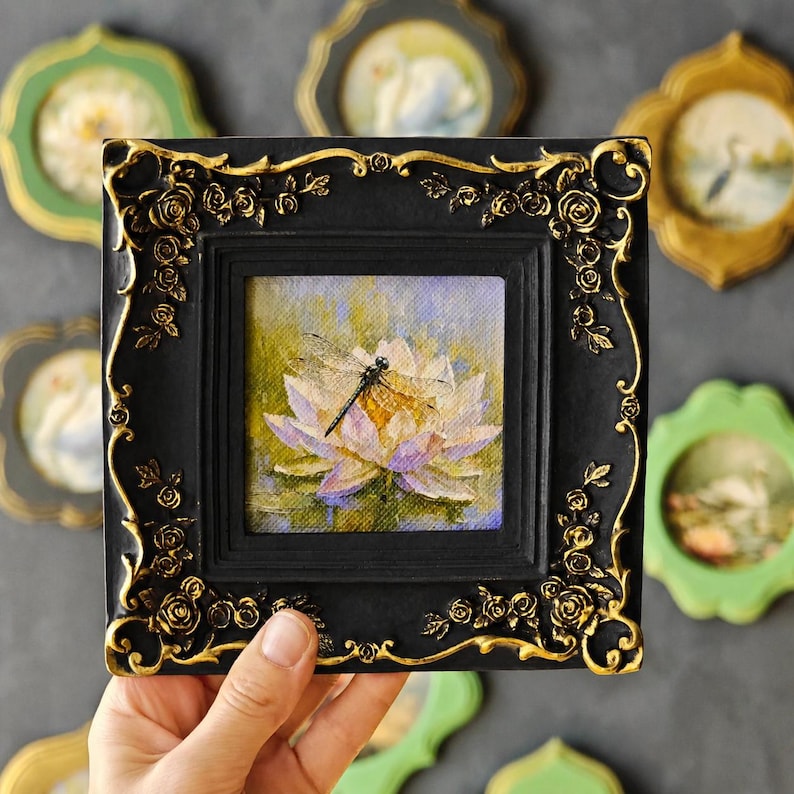 Dragonfly Framed Canvas Art, Vintage Ornate Picture Frame, Water Lily Wall Decor image 5