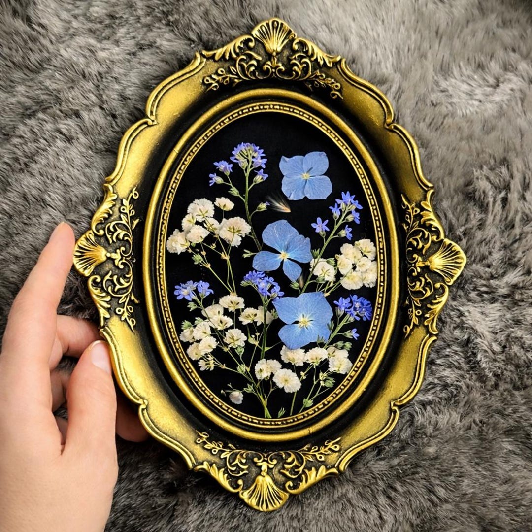 Pressed Flower Art in Gold Frame – Handmade Botanical Decor in Vintage ...