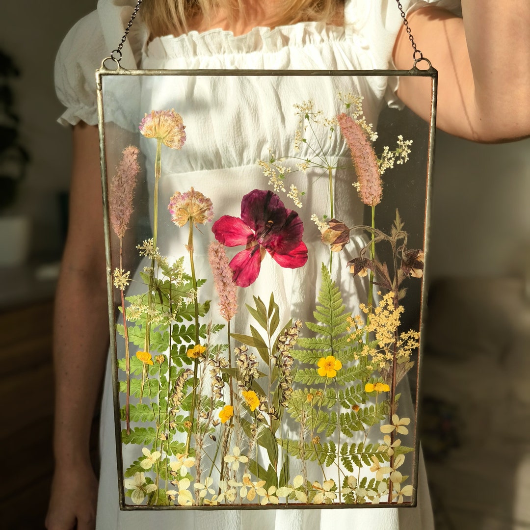 Pressed Flower Art Large Frame, Real Wildflower Art Frame, Hanging