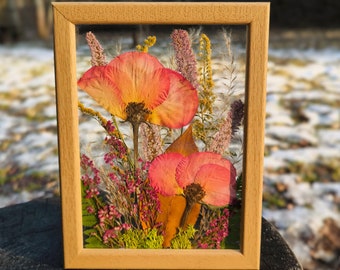 Può includere: Un'opera d'arte floreale pressata incorniciata con fiori di papavero arancioni e rosa, foglie secche e altri elementi botanici.
