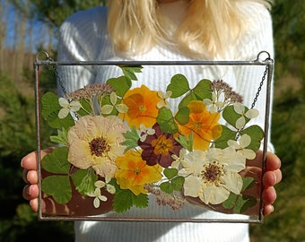 Stained glass frame, pressed flower frame, pressed plant frame, flower hanging, hanging glass decor