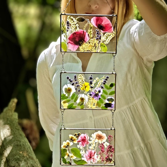 Nature-inspired stained glass panel, pressed flower art, dried wildflower bouquet