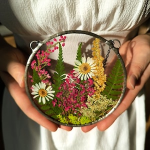 Stained glass frame, suncatcher, botanical dried pressed flower frame, hanging wall art, pressed flower art, pressed flower frame