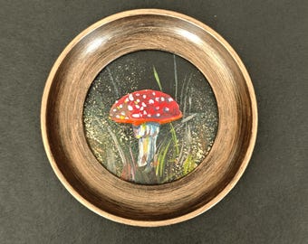 Mushroomthemed decor - mushroom painting in 3" round frame, original mini art